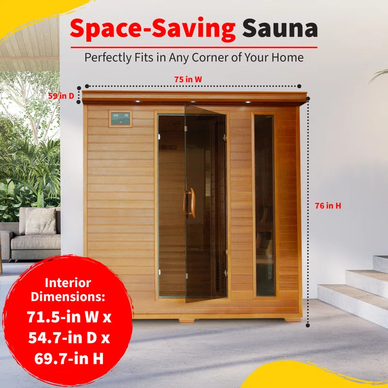 6-Person cedar infrared sauna interior — two stagecoach-style benches for family use
