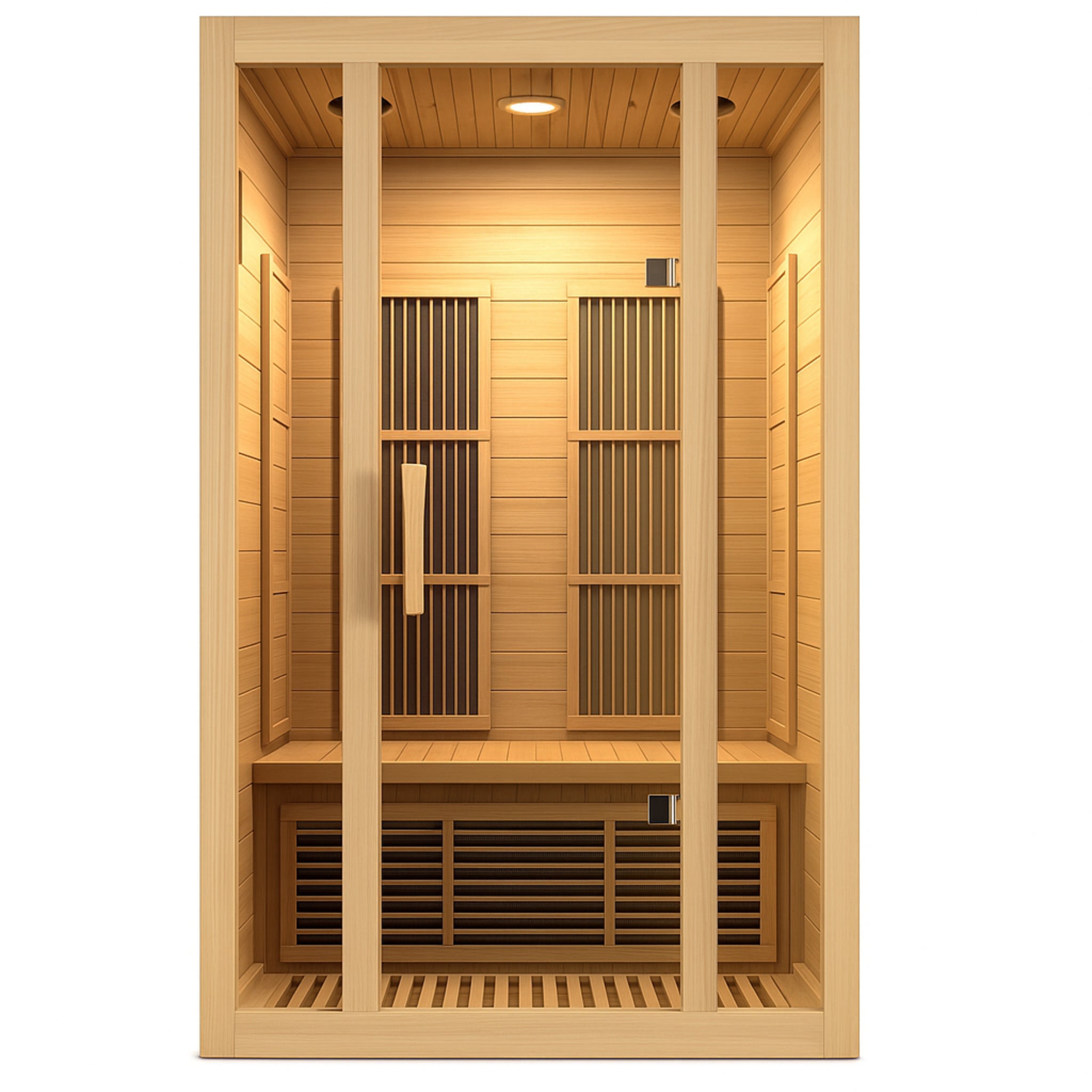 Maxxus Seattle infrared sauna interior — bench seating and carbon infrared heater placement