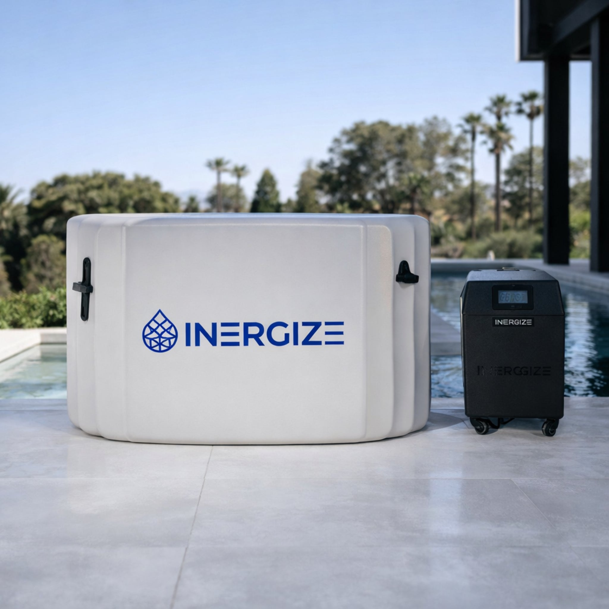 Luxury outdoor cold plunge setup featuring the Inergize Elite tub for home wellness installations