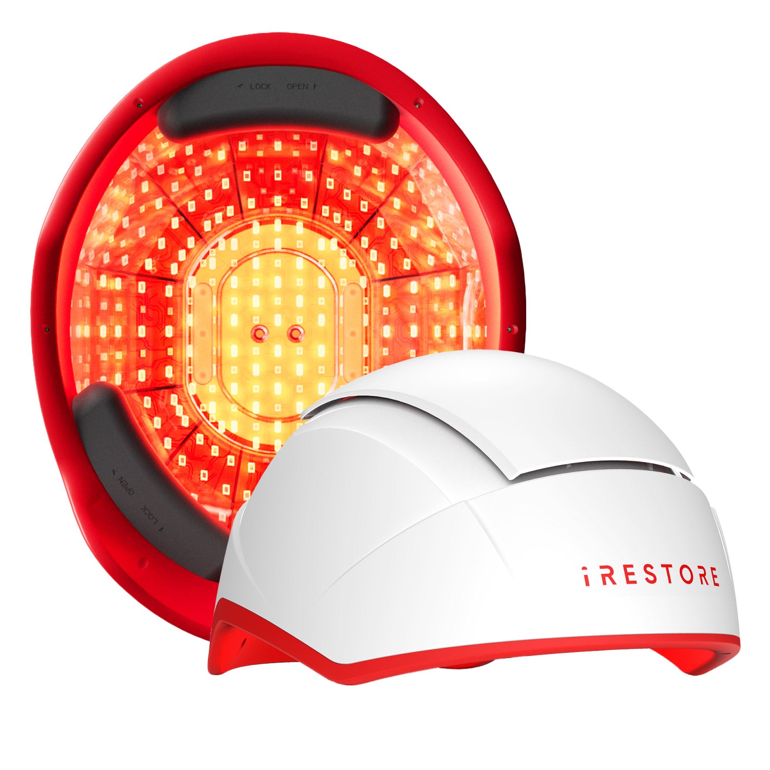 iRestore red light therapy helmet on user — daily use for hair regrowth