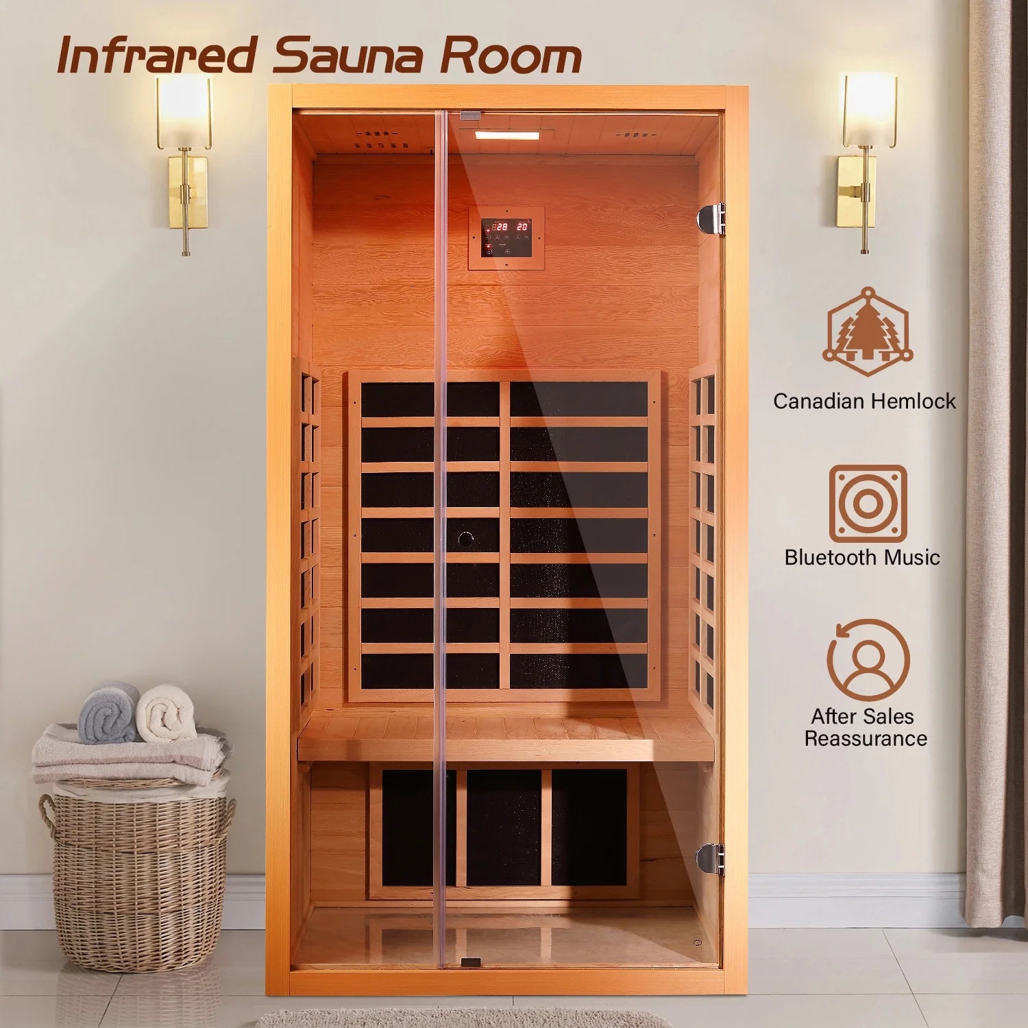 1-person hemlock infrared sauna digital control panel and Bluetooth speaker