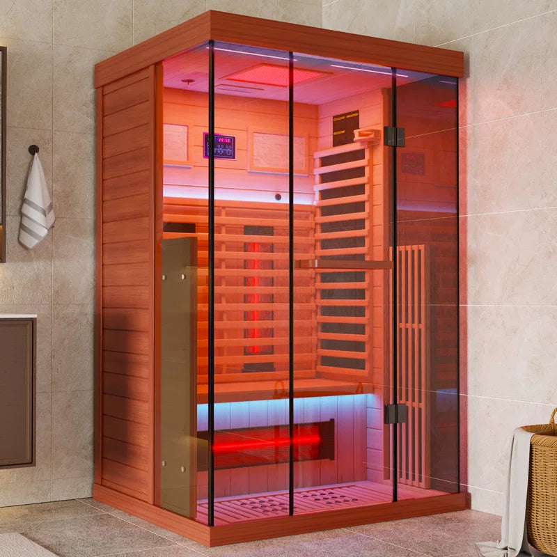 Full-spectrum sauna interior — panoramic tempered glass door for natural light