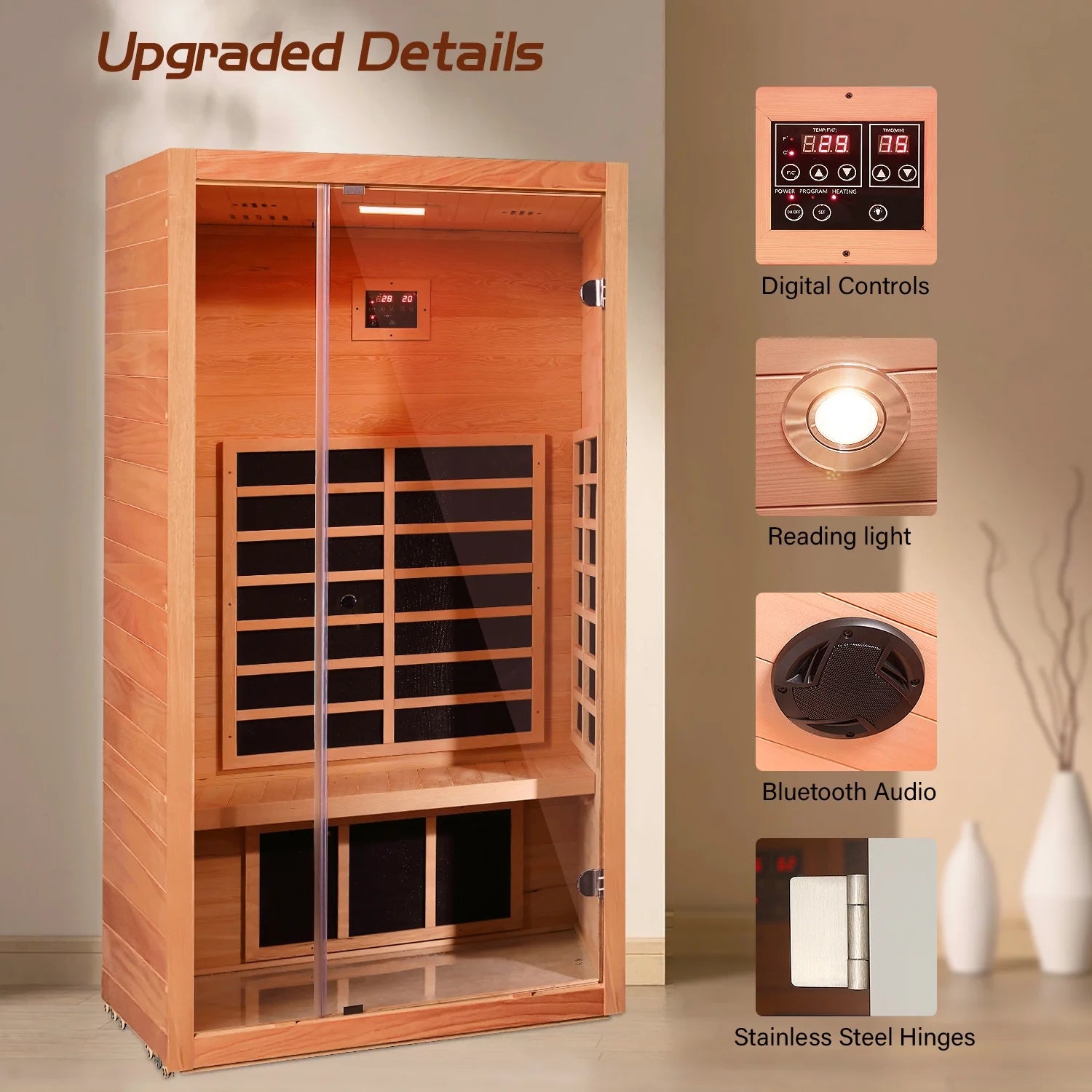 Hemlock infrared sauna seating bench — ergonomic 1-person recovery setup