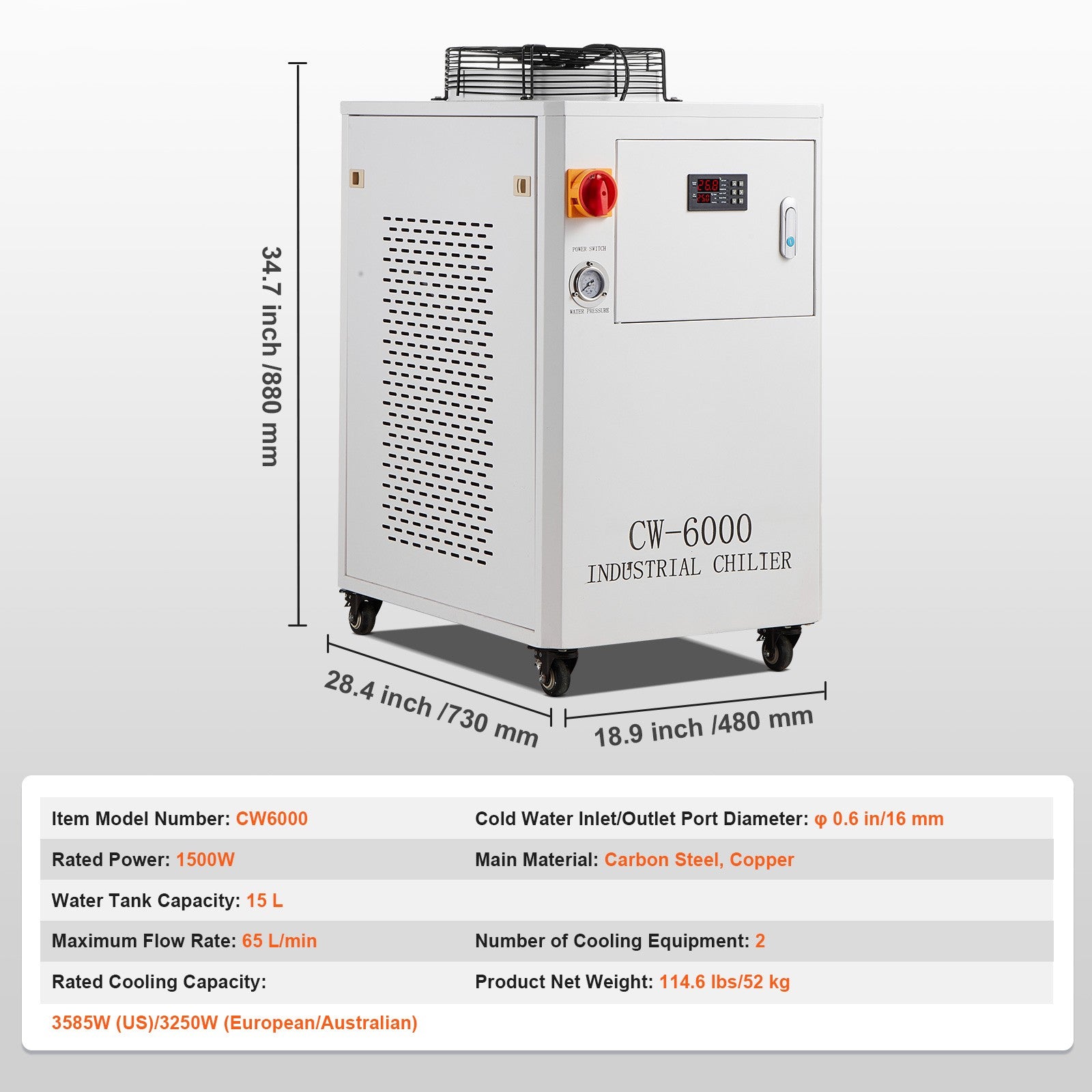 Industrial Water Cooling System CW-6000 15L 65L/Min Laser Cooler with Compressor