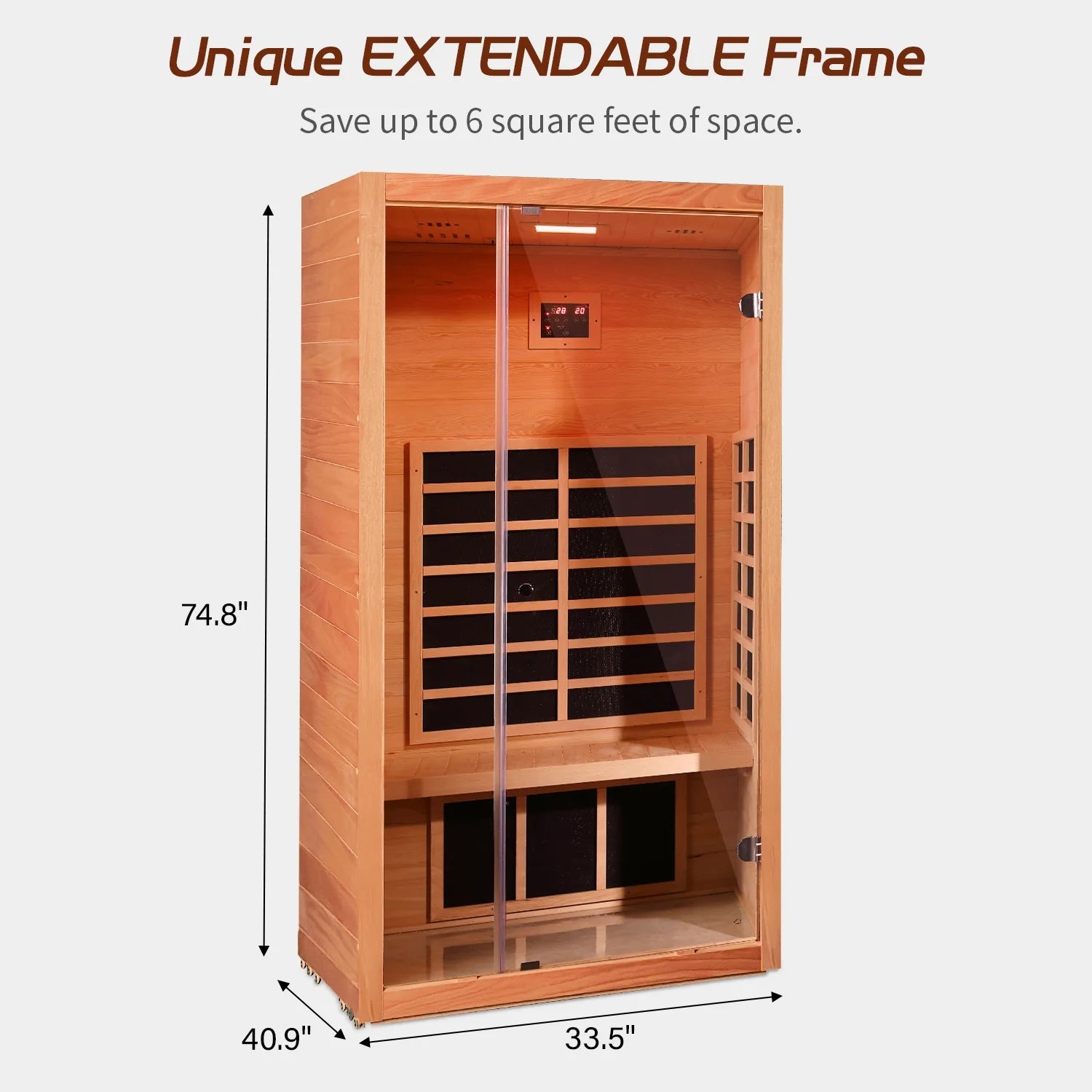 Infrared sauna 6-carbon-heater placement for full-body even infrared coverage