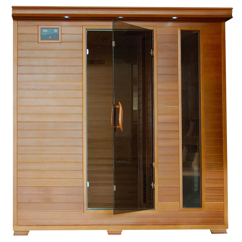 6-Person Canadian red cedar infrared sauna with 10 InfraWave FAR carbon heaters and ultra-low EMF