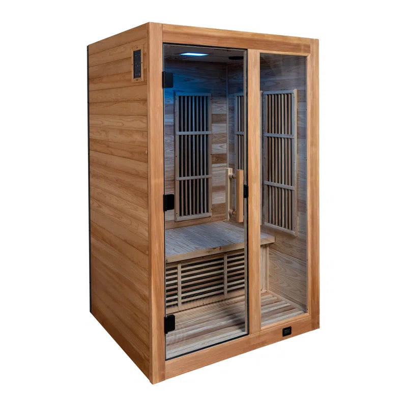 Rylan 2-person cedar infrared sauna with built-in red light therapy and chromotherapy