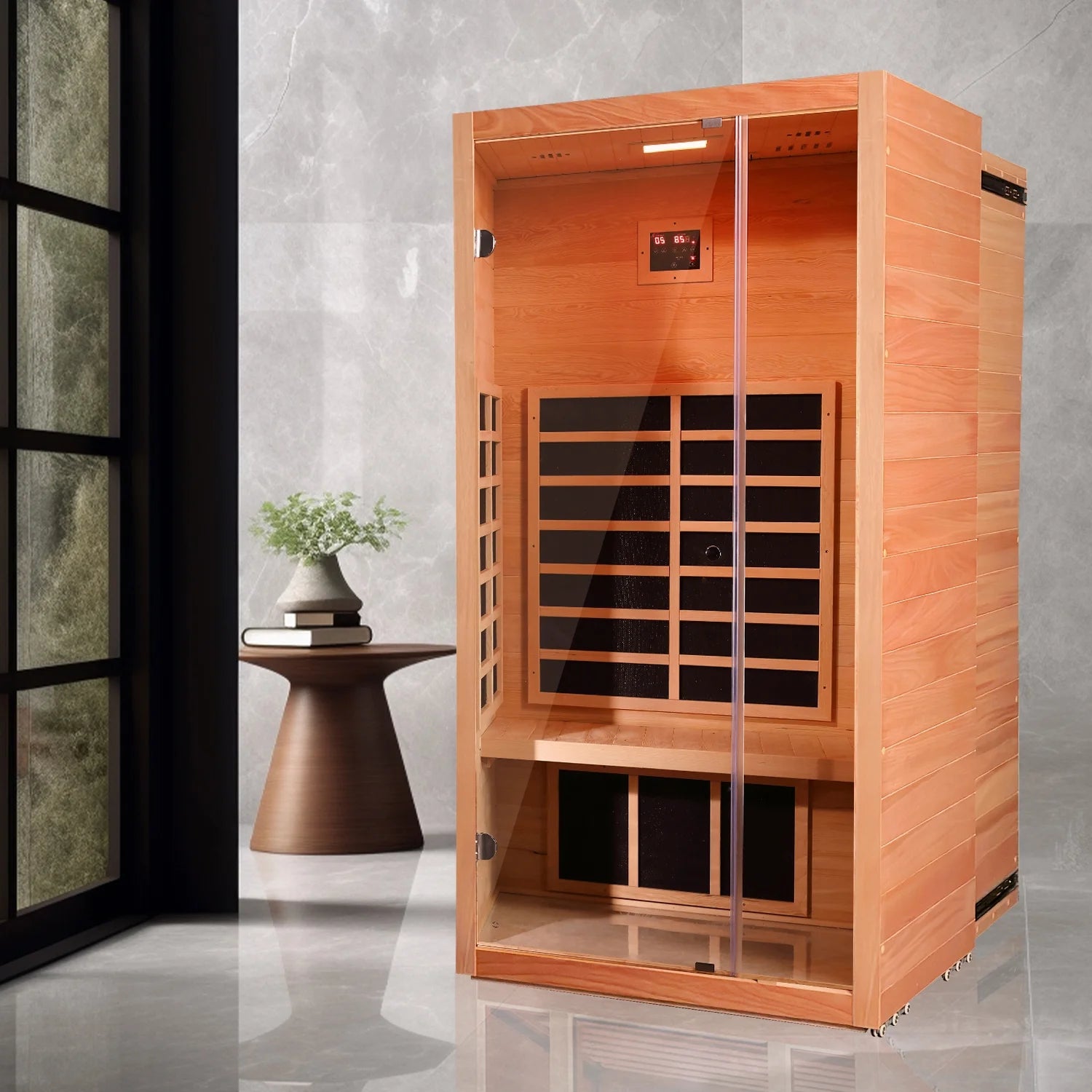 Compact 1-person infrared sauna side profile — fits home gyms and small wellness spaces