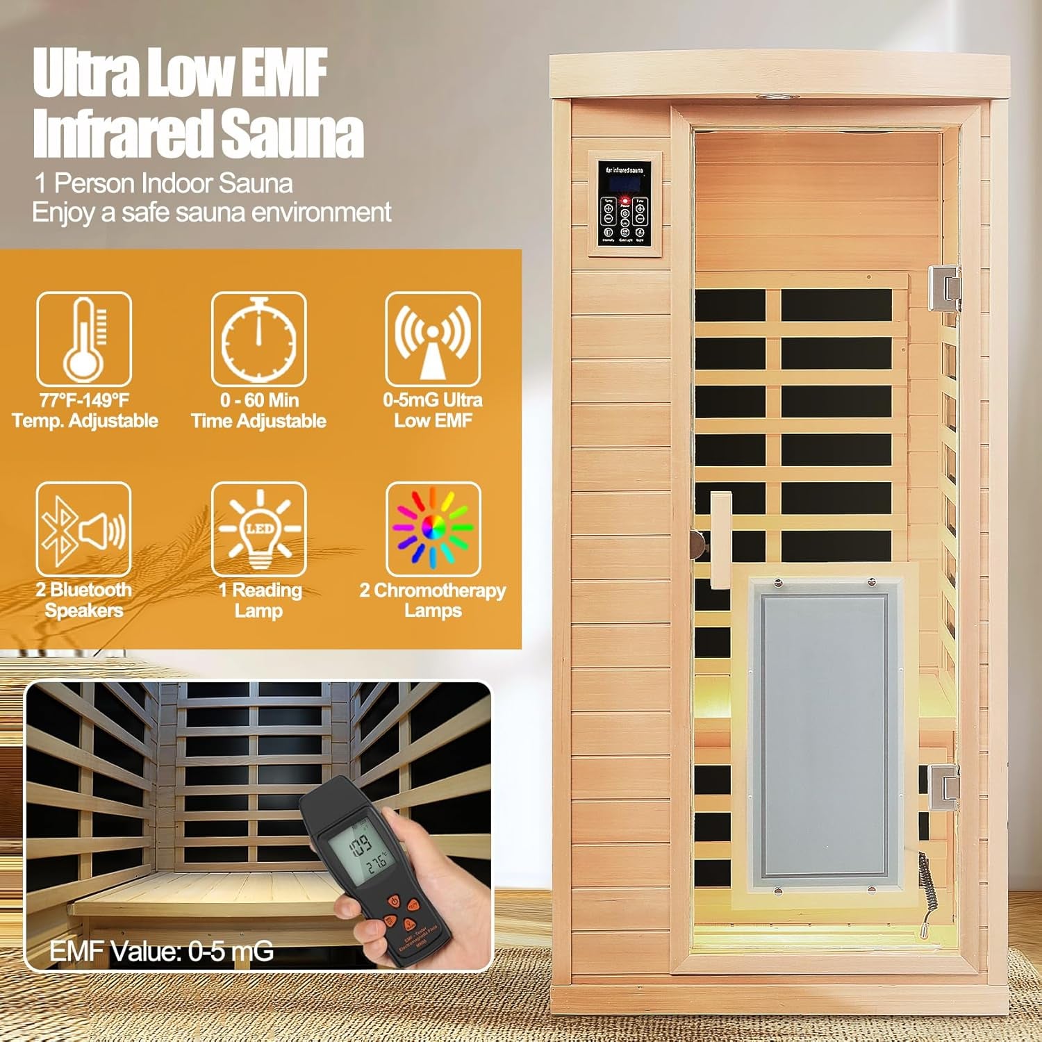 Salusheat 1-Person sauna interior — 8 far-infrared heating panels for 360-degree coverage