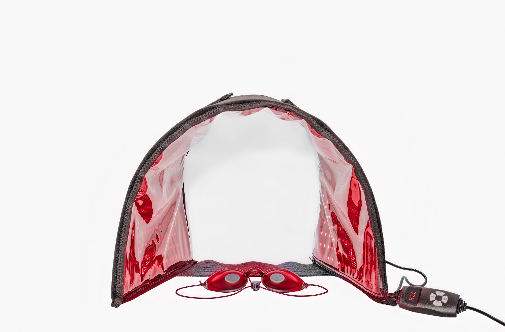 Pro red light therapy face dome shown in use during a skincare session