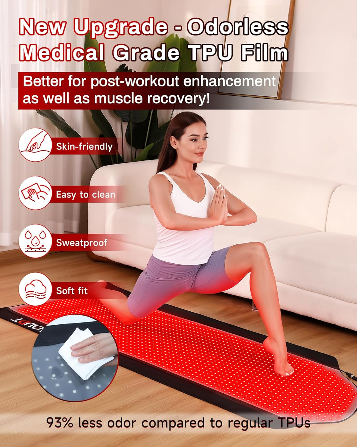 Medical-grade red light therapy mat with 5 adjustable brightness levels P1 through P5