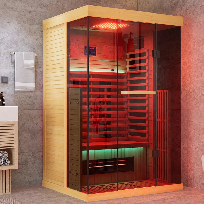 Full-spectrum 1-2 Person Canadian hemlock infrared sauna with red light therapy and resonance speaker
