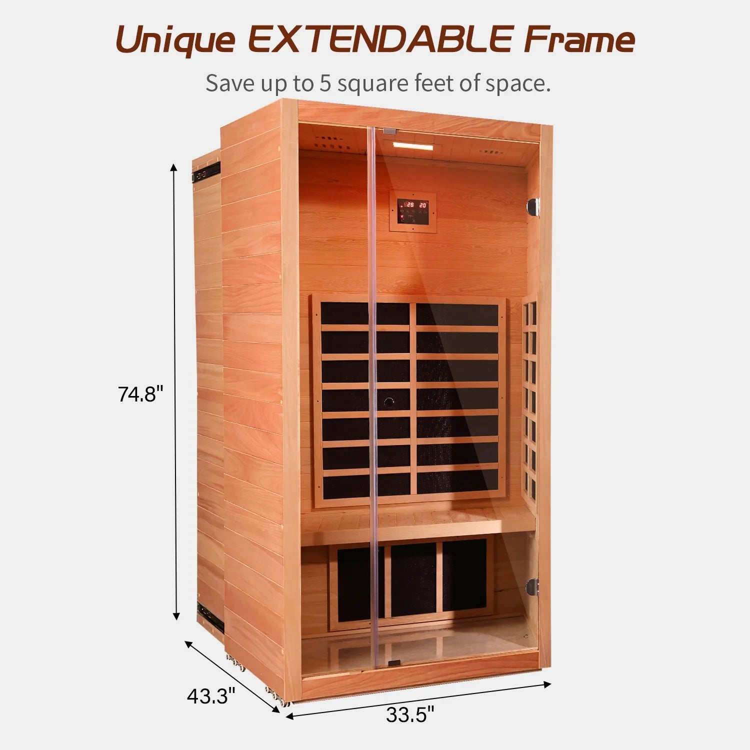 1-person extendable infrared sauna door detail — tempered glass entry