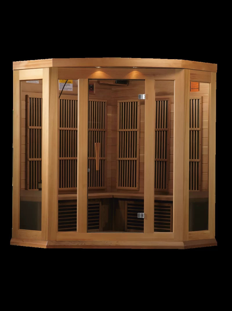 Dynamic 3-Person sauna interior view with reduced wattage floor and lower bench heater